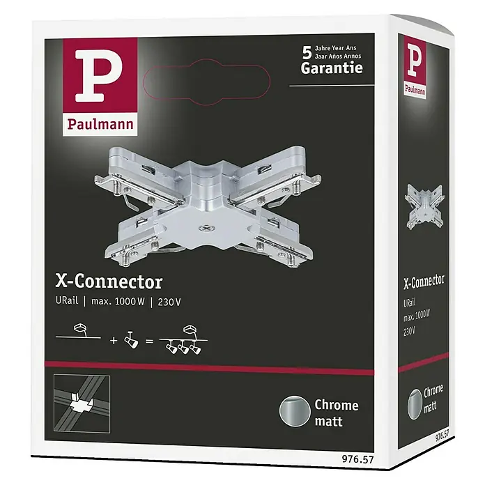 Paulmann URail Conector en X Metal - 10,4 x 10,4 cm, Metal, Cromado mate - Embalaje del producto para el conector Paulmann URail X en cromo mate, máx. 1000 W, 230 V, con 5 años de garantía.