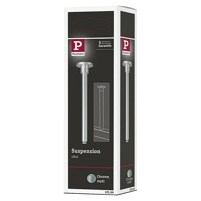 Paulmann URail Schienenabhängung - Chrom matt - Produktverpackung einer Paulmann URail Suspension in Chrom matt, inklusive 5 Jahre Garantie, für stilvolle Pendelleuchten.