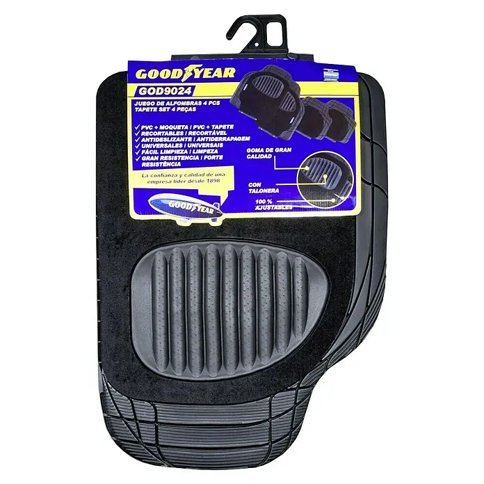 Goodyear Juego de alfombrillas para coche - Negro, 4 pzs. - Juego de alfombrillas para coche Goodyear GOD9024, 4 piezas, hechas de PVC resistente y material de moqueta, de ajuste universal y fácil de limpiar.