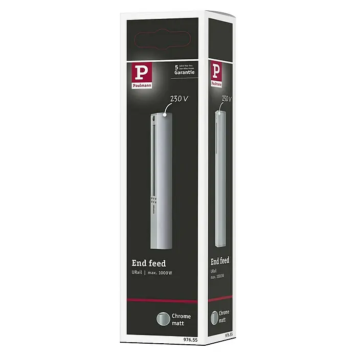 Paulmann URail End-Einspeisung - 16,1 cm, 1.000 W, Chrom matt - Produktverpackung für Paulmann URail Endspeisung in Chrom matt, 1000W, mit 5 Jahren Garantie und 230V Anschluss.