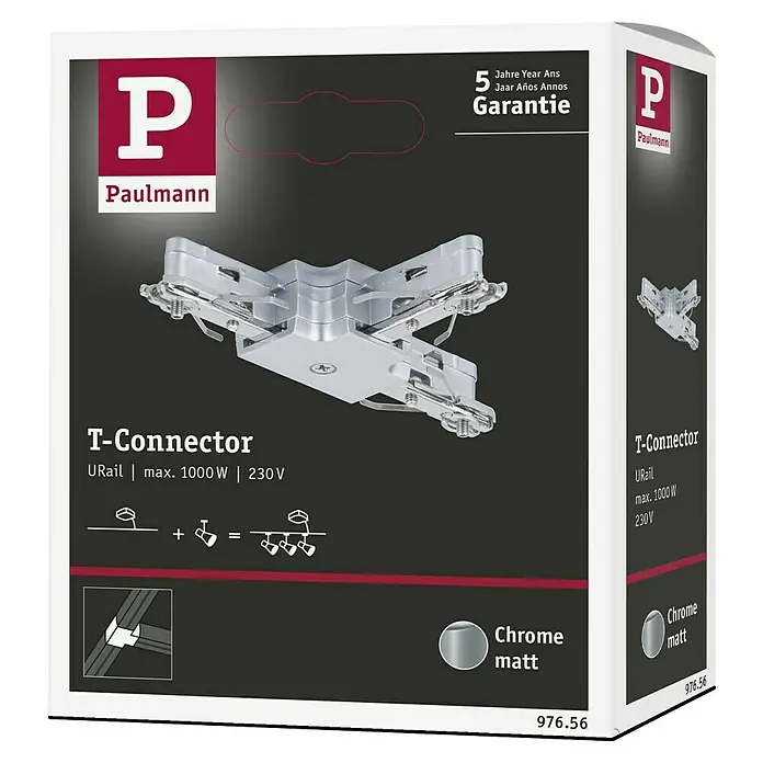 Paulmann URail Conector en T - Cromado mate, L x An x Al: 10,4 x 6,2 x 1,8 cm - Paquete de un conector en T URail Paulmann, máx. 1000 W, 230 V, cromo mate, para ampliar sistemas URail.