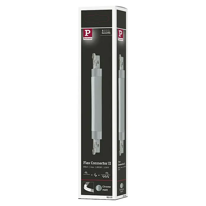 Paulmann URail Flex-Verbinder II - Chrom matt, Länge: 22,7 cm - Produktverpackung für einen Paulmann Flex Connector II in Chrom matt, zur Verwendung mit URail-Systemen, max. 1.000W bei 230V.