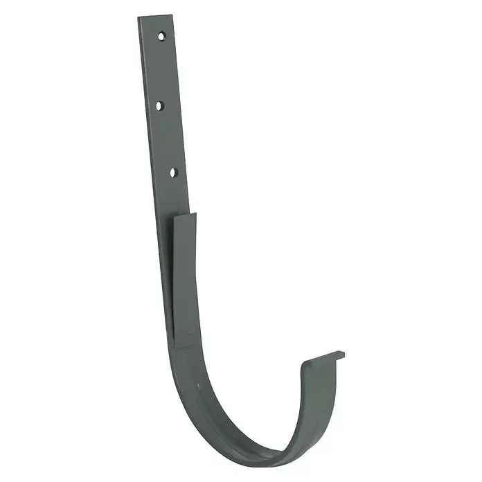 Marley Rinneneisen - Nennweite: 75 mm, Stahl, Grau - Dunkelgrauer U-förmiger Dachrinnenhalter mit flachem Montagearm und drei Löchern.