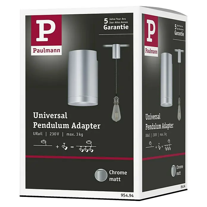 Paulmann URail Adaptador de péndulo Universal - Cromado mate, Altura: 10,6 cm - Embalaje del producto para el adaptador universal de péndulo Paulmann en cromo mate, con 5 años de garantía.