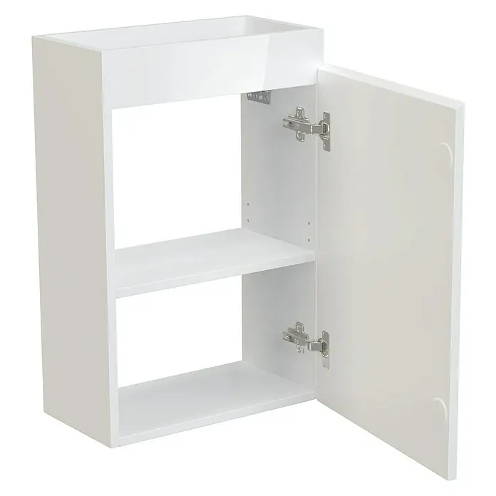 Camargue Espacio Waschtischunterschrank - 40 x 22 x 60 cm, Gama weiß glänzend - Abbildung eines weißen, offenen Badezimmerschranks mit einem Fach und einer Ablage, ideal zur Aufbewahrung von Badutensilien.