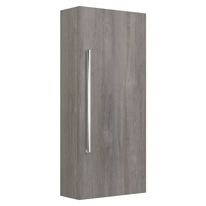 Camargue Espacio Hängeschrank - 40 x 17 x 90 cm, Farbe Griff: Chrom, Faro - Grauer Hängeschrank mit einer langen, vertikalen silbernen Stange als Griff. Das Holz hat eine markante Maserung, die ihm eine natürliche Note verleiht.