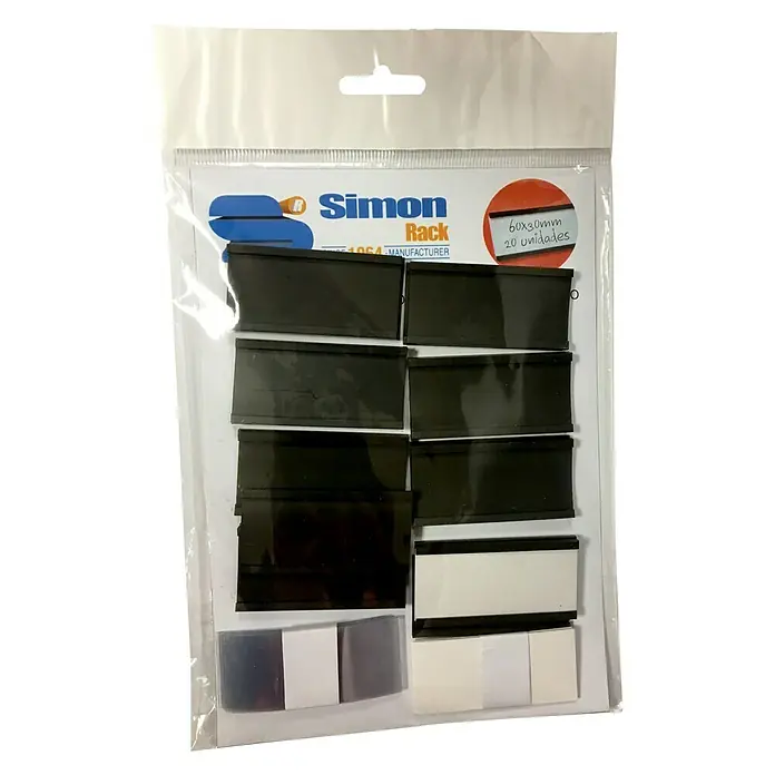Simonrack Magnete - L x B: 6 x 3 cm, 20 Stk., Weiß - Verpackung Simon Rack 60x30mm, 20 Stück, mit schwarzen und weißen Etiketten zur Kennzeichnung von Lagerregalen und Schubladen.