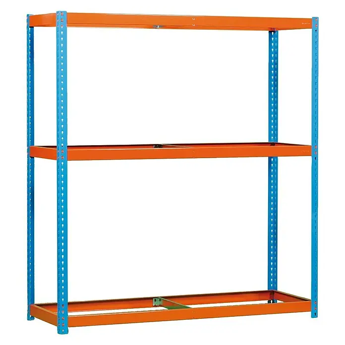 Simonrack Simonforte Estantería para cargas pesadas - Al x An x Pr: 200 x 180 x 45 cm, Número de baldas: 3 ud., Inserción, Azul/Naranja, Capacidad de carga por balda: 600 kg - Imagen de un sistema de estanterías con tres estantes naranjas suspendidos entre soportes verticales azules.
