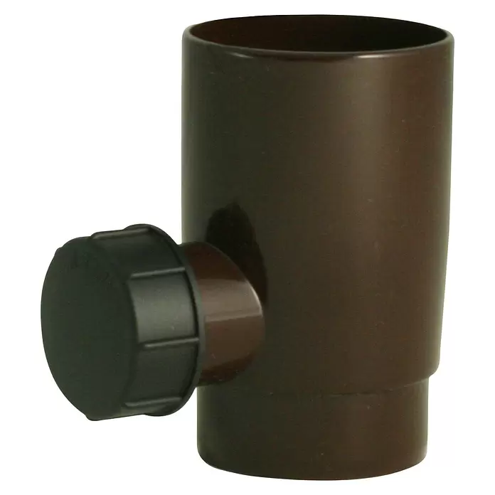 Marley Regensammler - Nennweite: 53 mm - 75 mm, Überlaufstop, Braun - Brauner Kunststoff-Regenwasserabzweiger mit schwarzem Schraubverschluss.