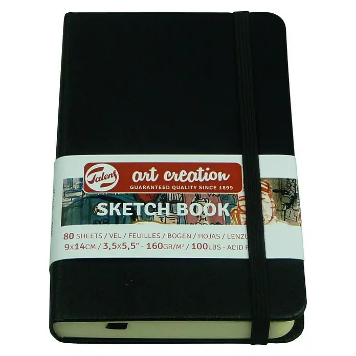 Talens Art Creation Bloc para esbozos Sketch book - 9 x 14 cm, 140 g/m² - Cuaderno de bocetos negro de Talens Art Creation, perfecto para llevar, con 80 hojas sin ácido y cierre elástico.