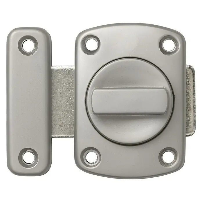 Abus Pestillo deslizante DRD40 - Puerta interior, Níquel - Un pestillo giratorio plateado con un soporte rectangular para montar en una puerta o ventana.