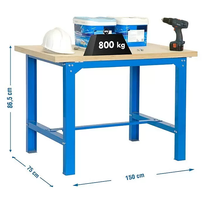 Simonrack Simonwork Banco de trabajo BT6 - L x An: 75 x 150 cm, Altura de trabajo: 86,5 cm, Carga soportada: 600 kg, Azul - Mesa de trabajo de metal azul con tablero de madera, 86,5x150x75 cm, mostrada con 800 kg de carga.