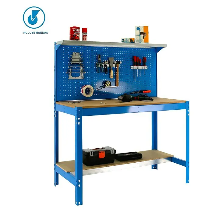 Simonrack Simonwork Banco de trabajo BT3 Mobile - L x An: 61 x 151 cm, Altura de trabajo: 144,5 cm, Carga soportada: 120 kg, Azul - Banco de trabajo con estructura metálica azul, tablero de madera, panel perforado y estante. Ideal para taller, garaje o sala de hobbies.