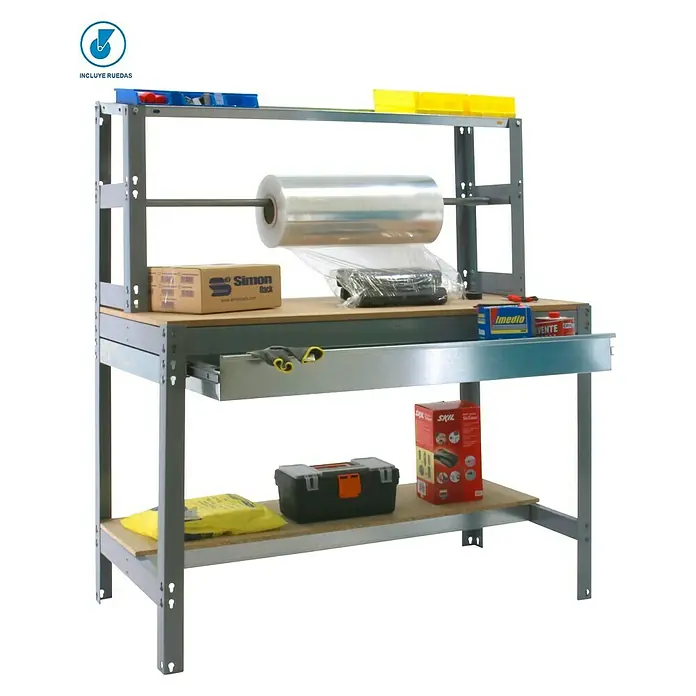 Simonrack Simonwork Banco de trabajo BT4 Box Mobile - L x An: 76 x 121 cm, Altura de trabajo: 144,5 cm, Carga soportada: 120 kg, Gris - Imagen de una mesa de embalaje con estantes, dispensador y cajón para un embalaje eficiente. Perfecto para taller y almacén.