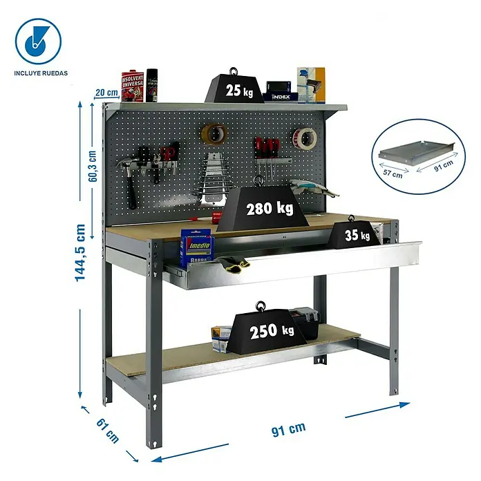 Simonrack Simonwork Banco de trabajo BT3 Box Mobile - L x An: 61 x 91 cm, Altura de trabajo: 144,5 cm, Carga soportada: 120 kg, Gris - Imagen de un banco de trabajo que mide 144,5 cm de alto, 91 cm de ancho y 61 cm de profundidad, capaz de soportar hasta 280 kg.