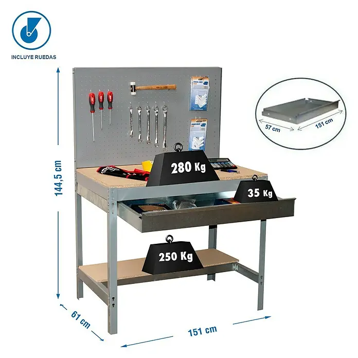 Simonrack Simonwork Banco de trabajo BT2 Box Mobile - L x An: 61 x 151 cm, Altura de trabajo: 144,5 cm, Carga soportada: 120 kg, Gris - Imagen de un banco de trabajo con panel portaherramientas, cajón y estante, con capacidad de hasta 280 kg.