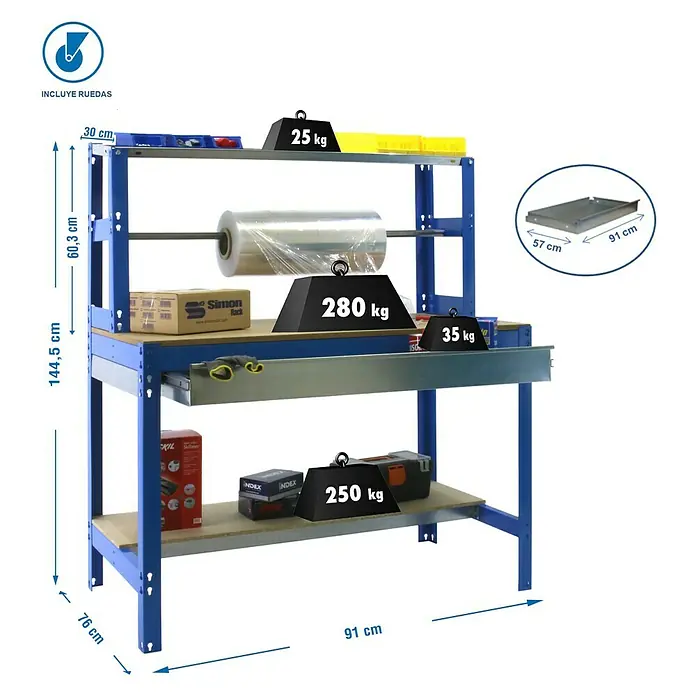 Simonrack Simonwork Banco de trabajo BT4 Box Mobile - L x An: 76 x 91 cm, Altura de trabajo: 144,5 cm, Carga soportada: 120 kg, Azul - Imagen de un banco de trabajo azul con múltiples estantes e indicaciones de peso para la carga máxima.