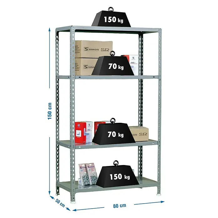 Simonrack Simonclick Metallregal Ecoclick Mini - H x B x T: 150 x 80 x 50 cm, Traglast pro Boden: 70 kg, Anzahl Böden: 4 Stk., Stecken, Grau - Ein graues Metallregal mit vier Ablagen, auf denen Gewichte von 70 kg und 150 kg platziert sind.