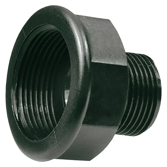 Manguito reductor H-M - Rosca exterior: 1″, Rosca interior: 1¼'' - Primer plano de un accesorio reductor de plástico negro con rosca hembra en un lado y rosca macho en el otro.