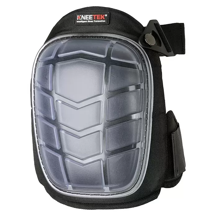 Kneetek Knieschoner Basic Clear - 1 Stk. - Schwarzer KNEETEK Knieschoner mit klarer, gerippter Schutzkappe und Riemen für intelligenten Knieschutz.