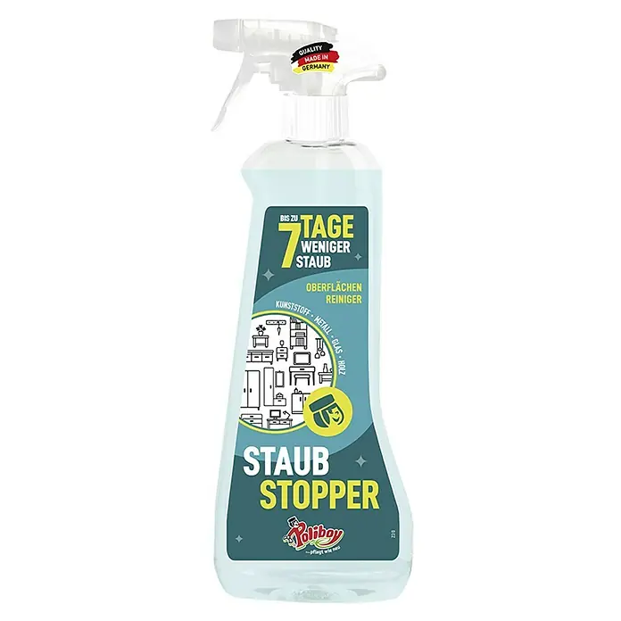 Poliboy Reinigungsmittel Staub Stopper - 500 ml, Flasche mit Sprühkopf - Produktbild eines Poliboy Staub Stopp Oberflächenreinigers in einer Sprühflasche mit deutschem Qualitätssiegel.