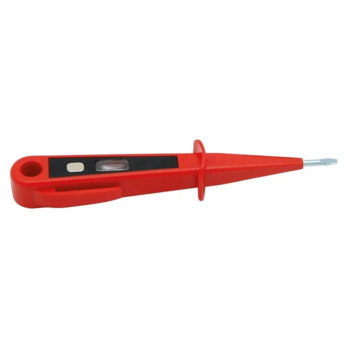 Heka Euro-Spannungsprüfer - Messbereich Wechselspannung: 100 V - 250 V, 150 mm - Ein roter Phasenprüfer mit einem transparenten Fenster zur Spannungsprüfung.