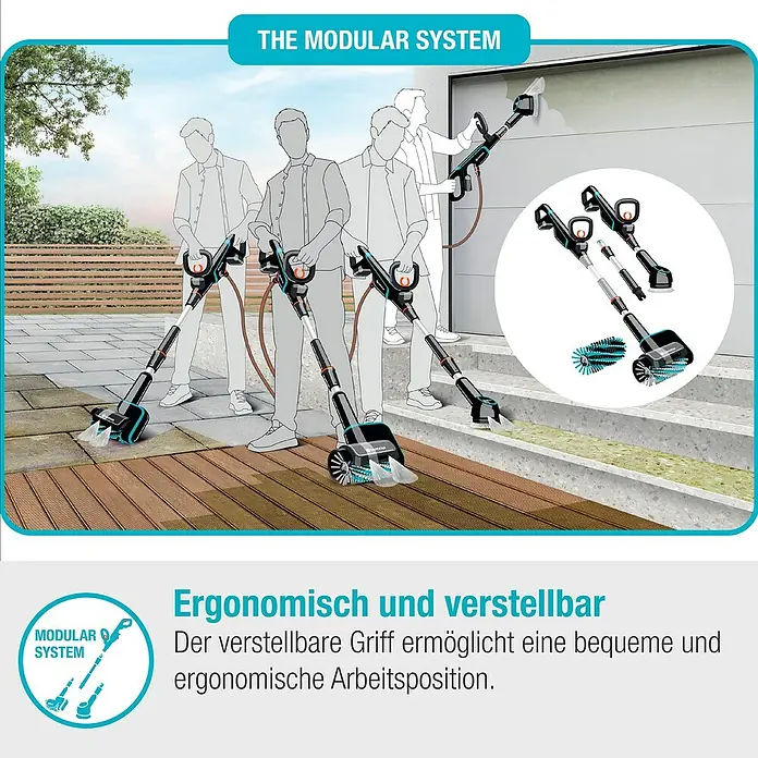 Gardena Power for All 18V Akku-Reinigungsbürste AquaBrush Patio 03/18V - Ohne Akku - Bild einer modularen Reinigungsbürste mit austauschbaren Köpfen für verschiedene Oberflächen.