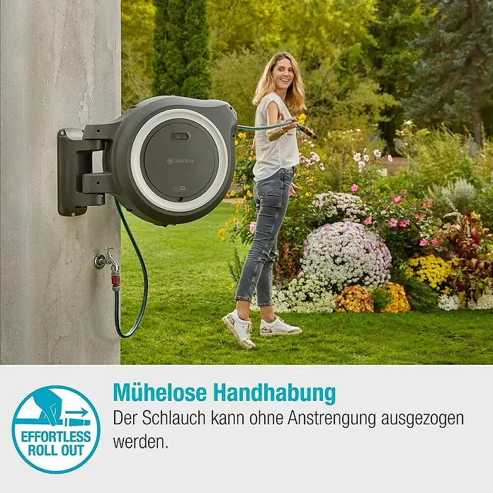Gardena Power for All 18V Akku-Schlauchtrommel Powerroll XL - 18 V, 1 Akku, Schlauchlänge: 35 m - Gardena Roll-up Schlauchbox an der Wand. Mühelose Handhabung des Schlauchs beim Gießen im Garten. Komfortable Gartenarbeit mit Gardena.