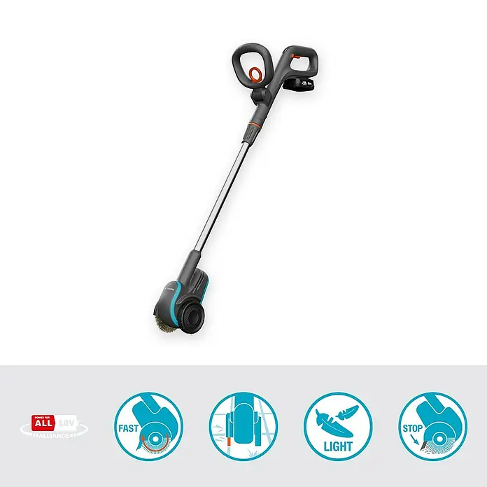 Gardena Power for All 18V Akku-Fugenreiniger EasyWeed 1800/18V - 18 V, 1 Akku - Das Bild zeigt einen Gardena Akku-Fugenbürste EasyWeed 18V P4A, ein praktisches Gerät für die Gartenarbeit.
