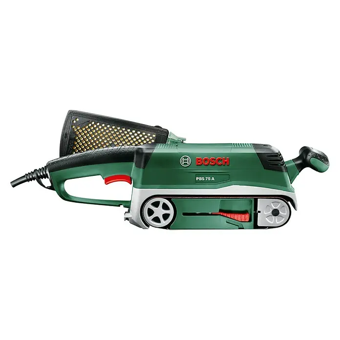 Bosch Elektro-Bandschleifmaschine PBS 75 A - 710 W, Bandgeschwindigkeit: 300 m/min - Ein grüner Bosch Bandschleifer PBS 75 A für Holzbearbeitung, ideal zum Schleifen von Oberflächen. Komfortabel und präzise.