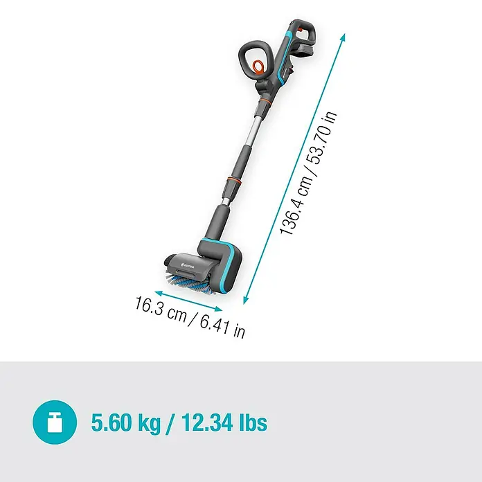 Gardena Power for All 18V Akku-Reinigungsbürste Aqua Brush Universal 04/18V - 18 V, 1 Akku - Abbildung eines Gardena Akku-Fugenbürste mit Maßangaben zu Länge und Breite sowie Gewichtsangabe.