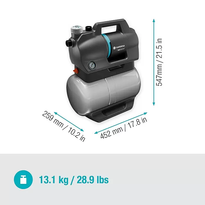 Gardena Grupo de presión 3800 Silent - 600 W, Capacidad de bombeo máx.: 3.800 l/h, Presión máx.: 39 bar - Bomba de agua doméstica Gardena 3800 Silent gris/negra con detalles azules, 547x452x259mm, 13,1kg.