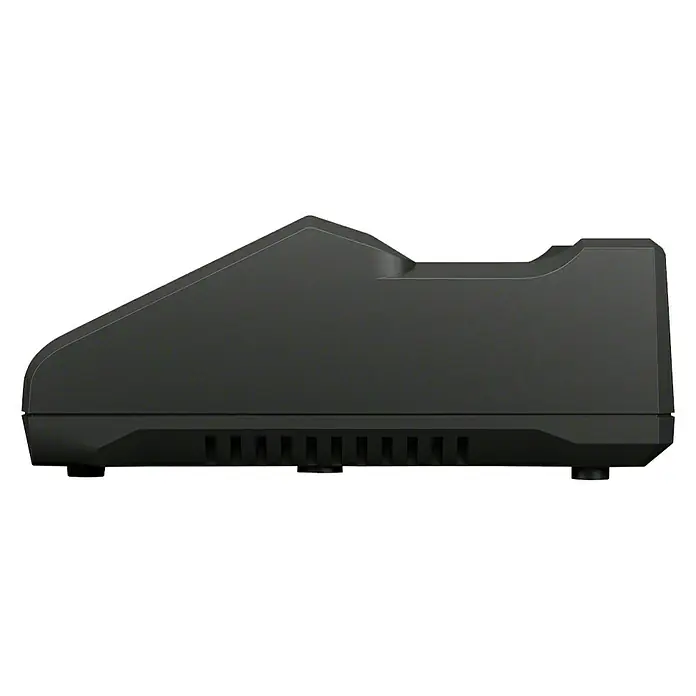 Bosch Professional AMPShare 18V Batterie-Ladegerät GAL 18V-40 - Passend für: Bosch Professional Li-Ionen-Akkus 14,4 V/18 V - Seitenansicht einer schwarzen Ladestation. Das Ladegerät hat ein schlankes, modernes Design mit Lüftungsschlitzen unten.