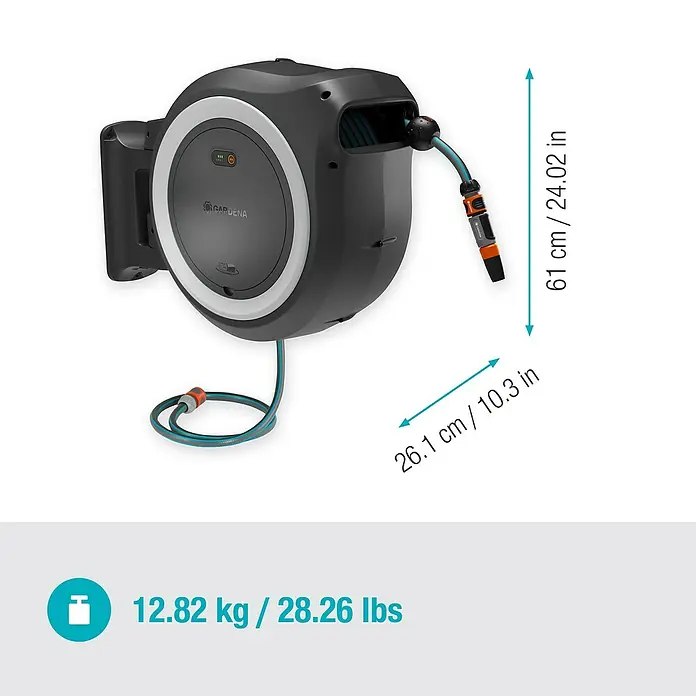 Gardena Power for All 18V Akku-Schlauchtrommel Powerroll XL - 18 V, 1 Akku, Schlauchlänge: 35 m - Abbildung einer automatischen Gardena Wand-Schlauchbox mit Maßen und Gewichtsangabe für den Garten.