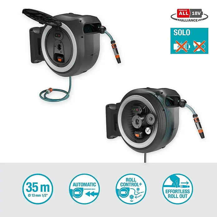 Gardena Power for All 18V Akku-Schlauchtrommel Power-Roll XL - 18 V, Ohne Akku, Schlauchlänge: 35 m - GARDENA Schlauchbox 35 m mit automatischer Aufrollfunktion und Zubehör, ideal für die Gartenbewässerung. Einfache Handhabung und platzsparende Aufbewahrung.