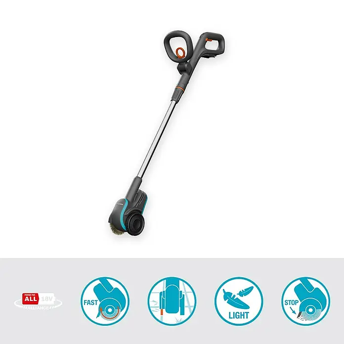 Gardena Power for All 18V Akku-Fugenreiniger EasyWeed 1800/18V - 18 V, Ohne Akku - Das Bild zeigt einen Gardena Akku-Fugenbürste EasyWeed 18V P4A solo für die mühelose Entfernung von Unkraut und Moos in Pflasterfugen.