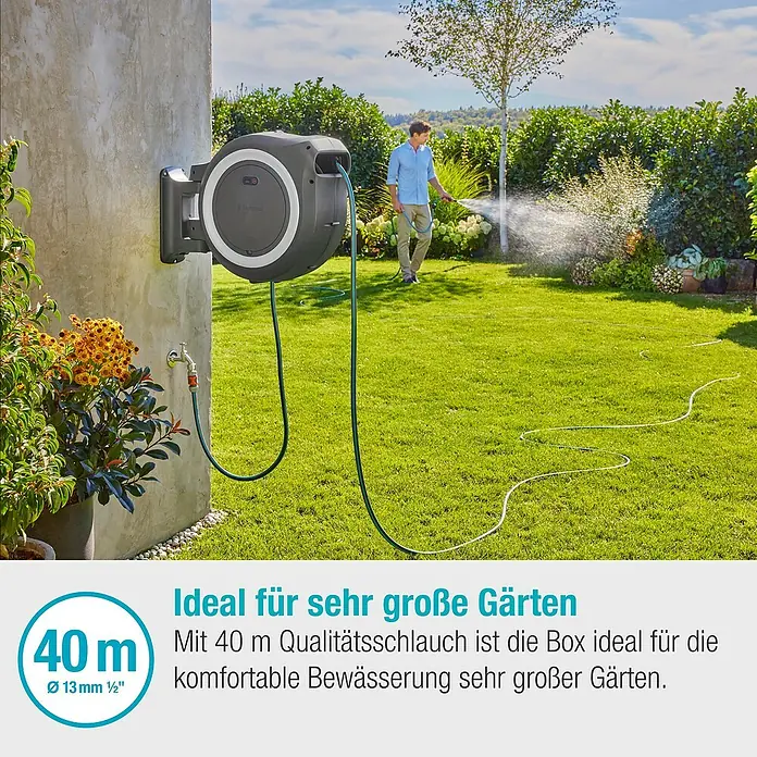 Gardena Power for All 18V Akku-Schlauchtrommel Power-Roll XXL - 18 V, 1 Akku, Schlauchlänge: 40 m - Bild einer Gardena Schlauchbox 40 m zur komfortablen Bewässerung sehr großer Gärten mit einem 13mm ½" Qualitätsschlauch.