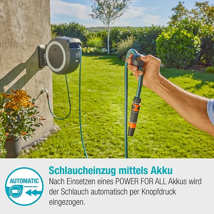 Gardena Power for All 18V Akku-Schlauchtrommel Power-Roll XL - 18 V, Ohne Akku, Schlauchlänge: 35 m - Automatische Schlauchaufroller mit Akku für müheloses Aufrollen per Knopfdruck. Praktisch und effizient für jeden Garten!