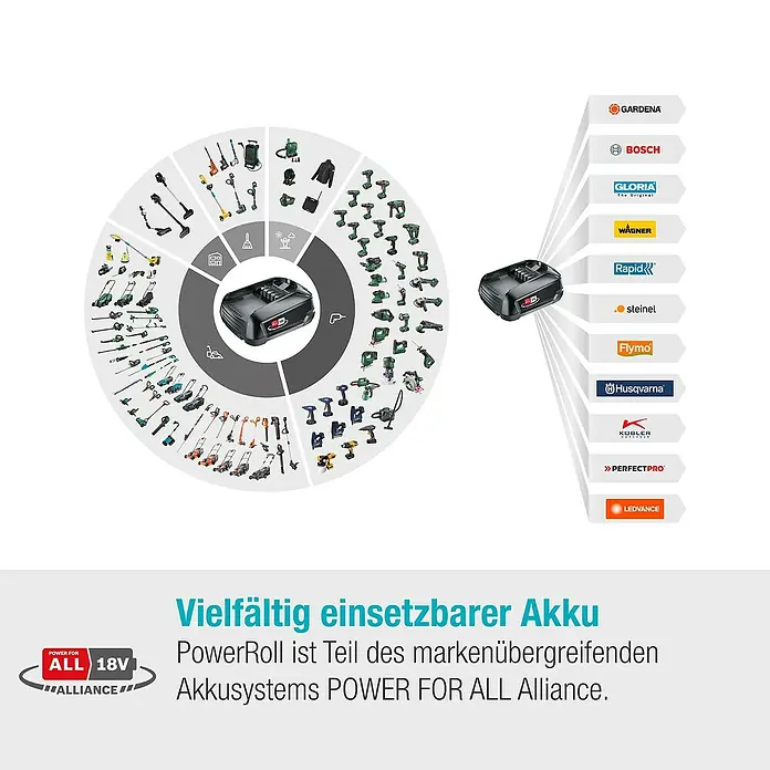 Gardena Power for All 18V Akku-Schlauchtrommel Powerroll XL - 18 V, 1 Akku, Schlauchlänge: 35 m - Akku-System für vielfältige Geräte: PowerRoll ist Teil der markenübergreifenden POWER FOR ALL Alliance.