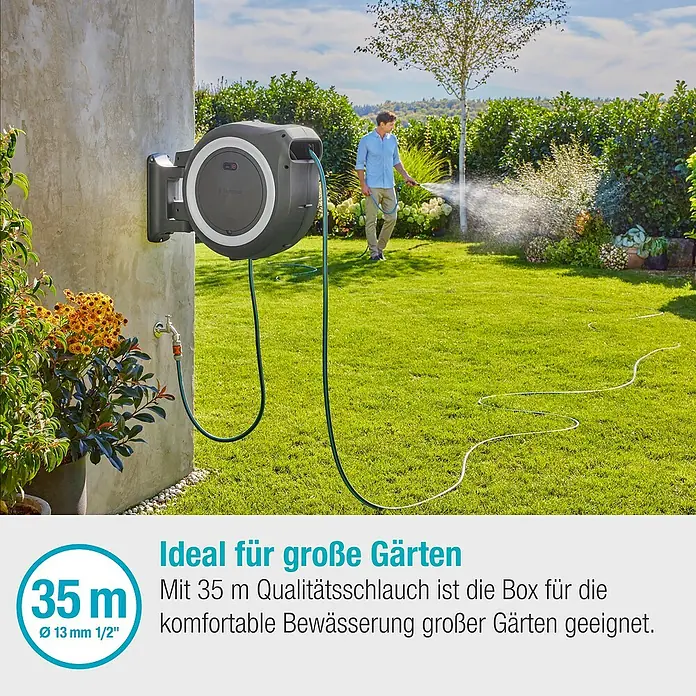 Gardena Power for All 18V Akku-Schlauchtrommel Powerroll XL - 18 V, 1 Akku, Schlauchlänge: 35 m - Gartenschlauchbox mit 35m Schlauch an der Wand befestigt, ideal für die Bewässerung großer Gärten.