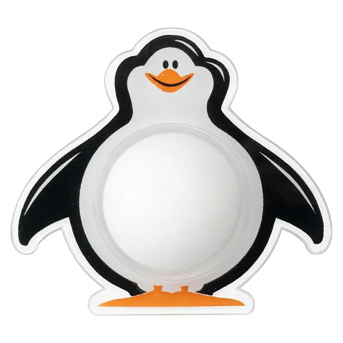 Inofix Tope de puerta infantil Pingüino - Plástico, Blanco/Negro - Primer plano de un bonito cuenco de pingüino hecho de plástico con un hocico y pies de color naranja y alas negras.