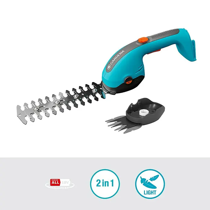 Gardena Power for All 18V Akku-Gras- & Strauchschere 20/18V P4A - 18 V, Li-Ionen, Ohne Akku - Abbildung einer Gardena Akku-Grasschere und Strauchschere mit austauschbaren Messern, ideal für präzise Gartenarbeit.