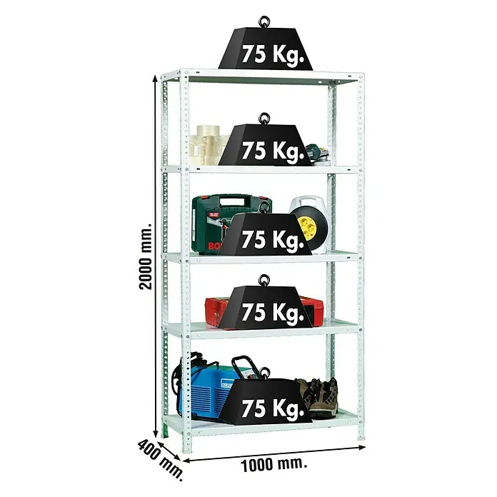 Simonrack Simonclassic Estantería metálica Advantage Plus - Al x An x Pr: 200 x 100 x 40 cm, Capacidad de carga por balda: 75 kg, Número de baldas: 5 ud., Atornillado, Blanco - Una estantería robusta con cinco estantes, cada uno cargado con pesos de 75 kg, mostrando sus dimensiones.