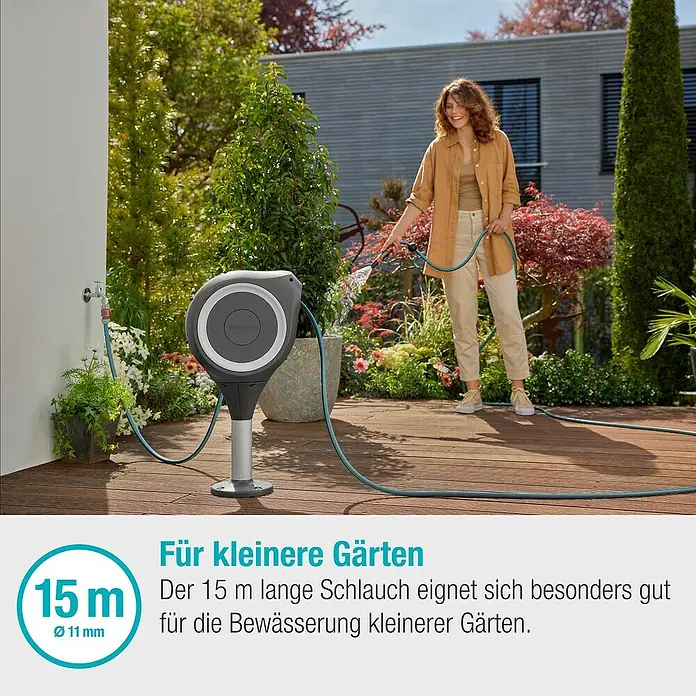 Gardena Schlauchbox Roll-Up S - Schlauchlänge: 15 m, 360 ° drehbar - Gartenschlauchbox mit automatischer Aufrollfunktion. Ideal für kleinere Gärten, 15 m Länge, 11 mm Durchmesser.