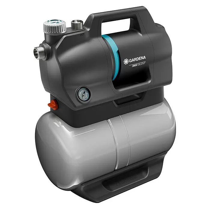 Gardena Grupo de presión 3900 Silent - 650 W, Capacidad de bombeo máx.: 3.900 l/h, Presión máx.: 43 bar - Bomba de agua GARDENA 3900 SILENT con carcasa gris y negra, detalle azul, manómetro y depósito gris claro.