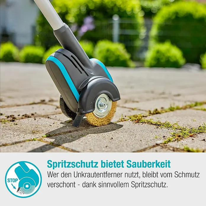 Gardena Power for All 18V Akku-Fugenreiniger EasyWeed 1800/18V - 18 V, 1 Akku - Der Gardena Unkrautentferner im Einsatz, um Fugen von Unkraut zu befreien, mit Fokus auf Sauberkeit dank Spritzschutz.
