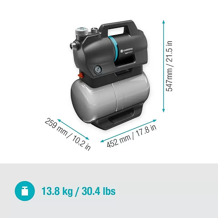 Gardena Grupo de presión 3900 Silent - 650 W, Capacidad de bombeo máx.: 3.900 l/h, Presión máx.: 43 bar - Bomba de agua doméstica Gardena 3900 Silent en gris y negro con detalles azules. Se muestran las dimensiones 547x452x259mm y el peso de 13,8kg.