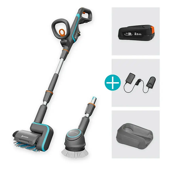 Gardena Power for All 18V Akku-Reinigungsbürste Aqua Brush Universal 04/18V - 18 V, 1 Akku - Abgebildet ist ein Gardena Akku-Bürstenset mit Verlängerungsstiel, Akku, Ladegerät und zwei Bürstenaufsätzen für vielfältige Reinigungsarbeiten.