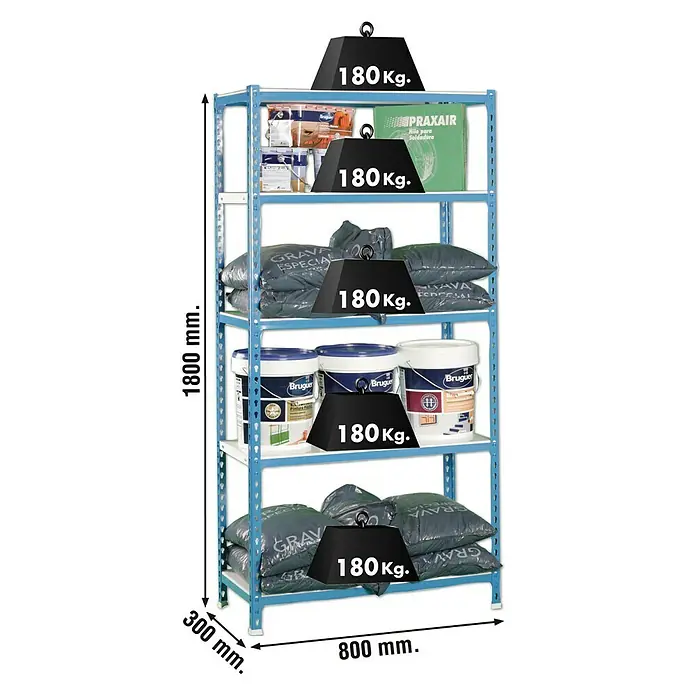 Simonrack Simonclick Metallregal Simonclick Mini - H x B x T: 180 x 80 x 30 cm, Traglast pro Boden: 180 kg, Anzahl Böden: 5 Stk., Stecken, Blau/Weiß - Aufnahme eines blauen Metallregals mit fünf Ablagen, voll beladen mit verschiedenen Baumaterialien und Gewichten.