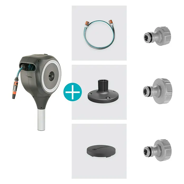 Gardena Schlauchbox Roll-Up S - Schlauchlänge: 15 m, 360 ° drehbar - Bild einer Gardena Wand-Schlauchbox mit Zubehör: Schlauch, Montage-Elemente und Hahnverbinder für Bewässerung.
